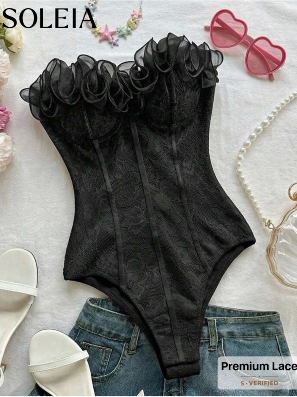 SHEIN SOLEIA Black Lace Ruffle Bustier Bodysuit